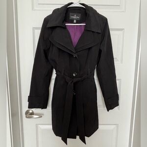 London Fog Black Trench Coat with Purple Lining